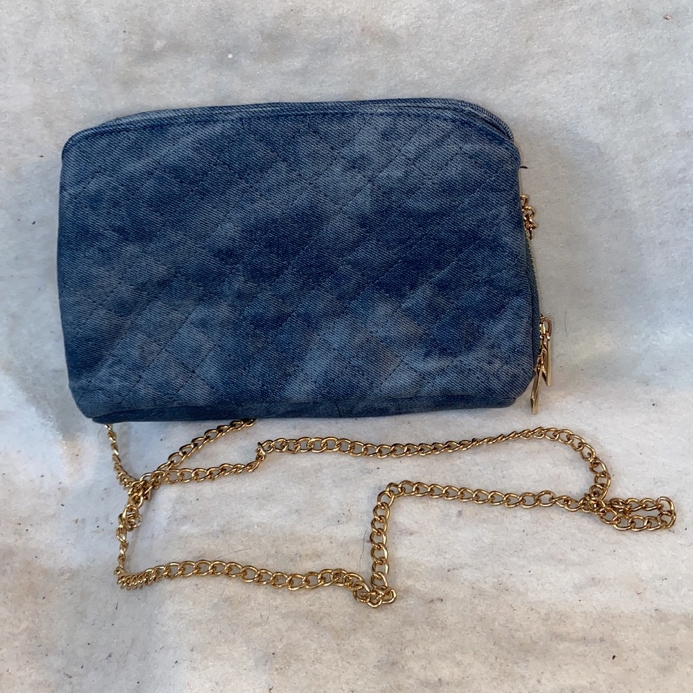 Blue Quilted Faux Denim Crossbody Bag Gold Chain Small Mini Purse